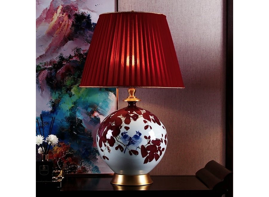 Lampe de Table Chinoise Porcelaine Fleurs Rouges avec Abat-jour D40xH61cm