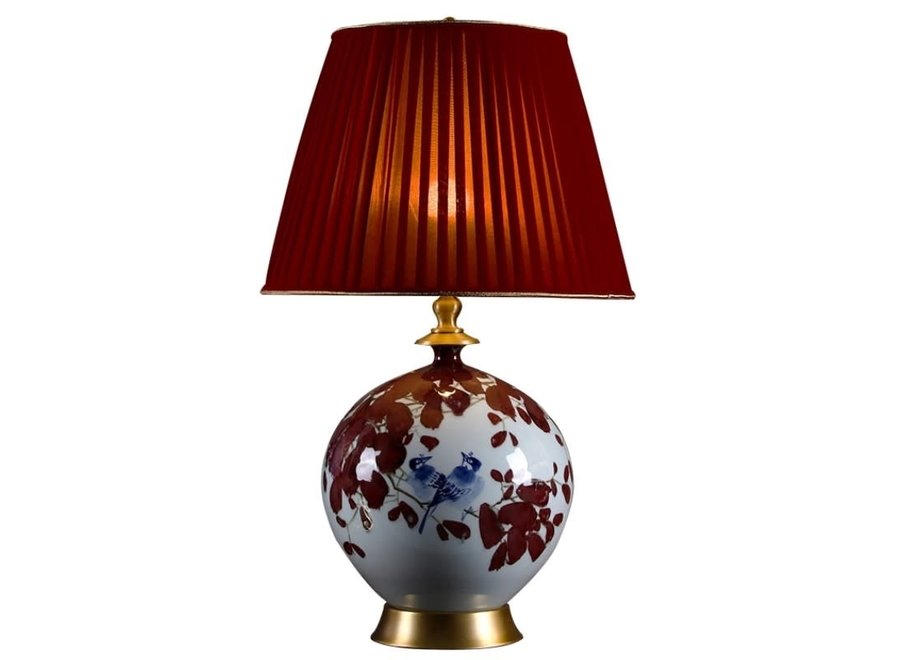 Chinesische Tischlampe Porzellan Rote Blumen mit Lampenschirm D40xH61cm