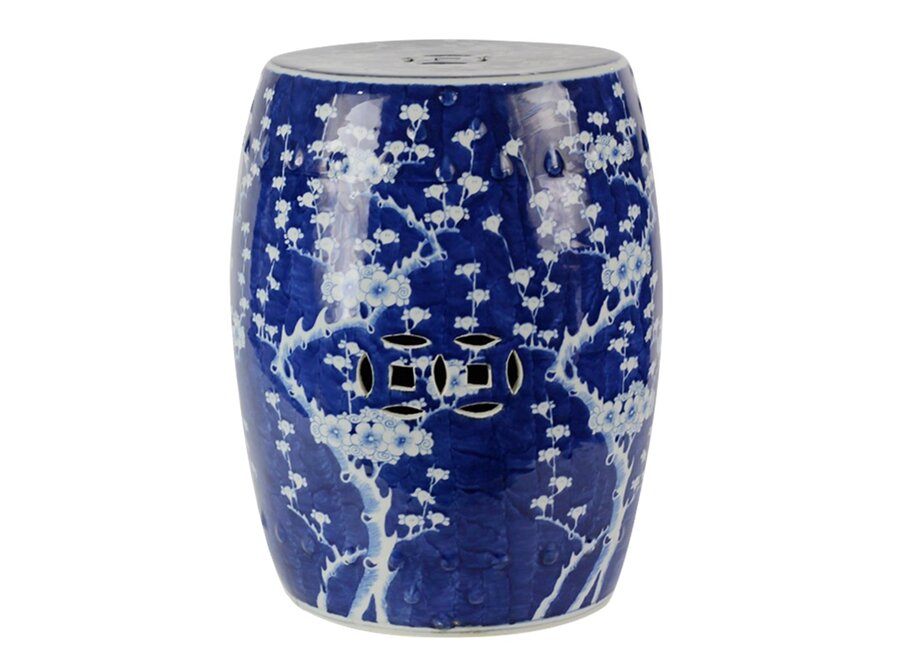 Tabouret de jardin en céramique Bleu avec des fleurs peintes à la main D33xH44cm