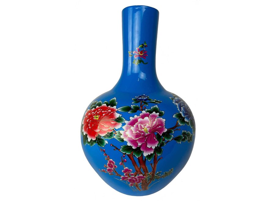 Vase Chinois Bleu Pivoines Fait Main D41xH57cm