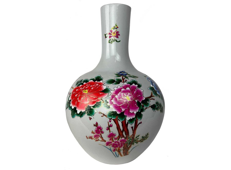 Vase Chinois Blanc Pivoines Fait Main D41xH57cm