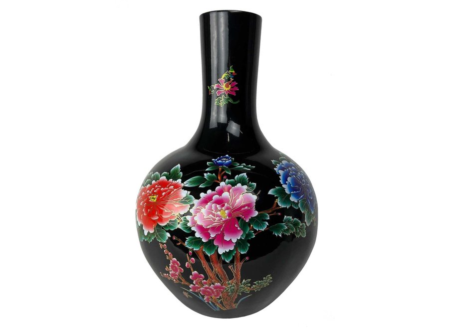 Chinesische Vase Schwarze Pfingstrosen Handgefertigt D41xH57cm