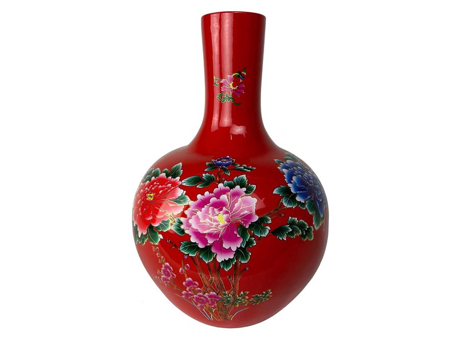 Vase Chinois Rouge Pivoines Fait Main D41xH57cm