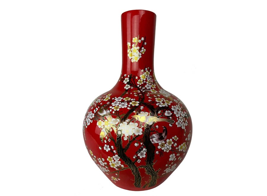 Chinesische Vase Rot Blüten Handgefertigt D41xH57cm