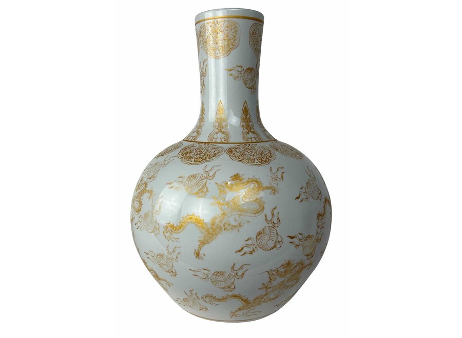 Vase Chinois Blanc Marine Dragons Doré Fait Main D41xH57cm