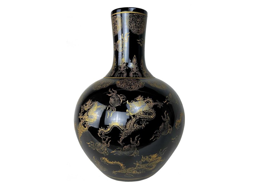 Chinesische Vase Schwarz Dragons Gold Handgefertigt D41xH57cm