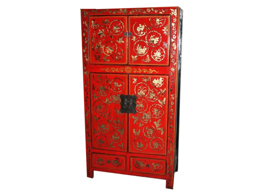 Armoire de Mariage Chinoise Ancienne Rouge Peinte à la Main Haute Brillance L92xP45xH173cm