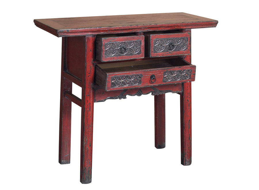 Console Chinoise Ancienne Rouge Foncé Sculpté à la Main L97xP40xH86cm