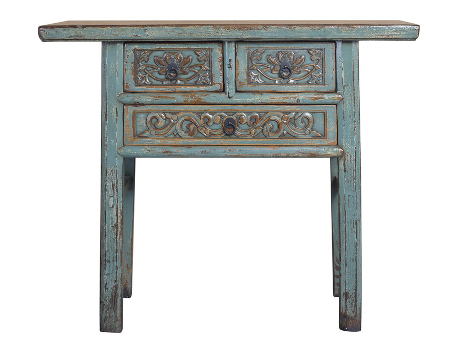 Console Chinoise Ancienne Bleu Sculpté à la Main L98xP42xH81cm