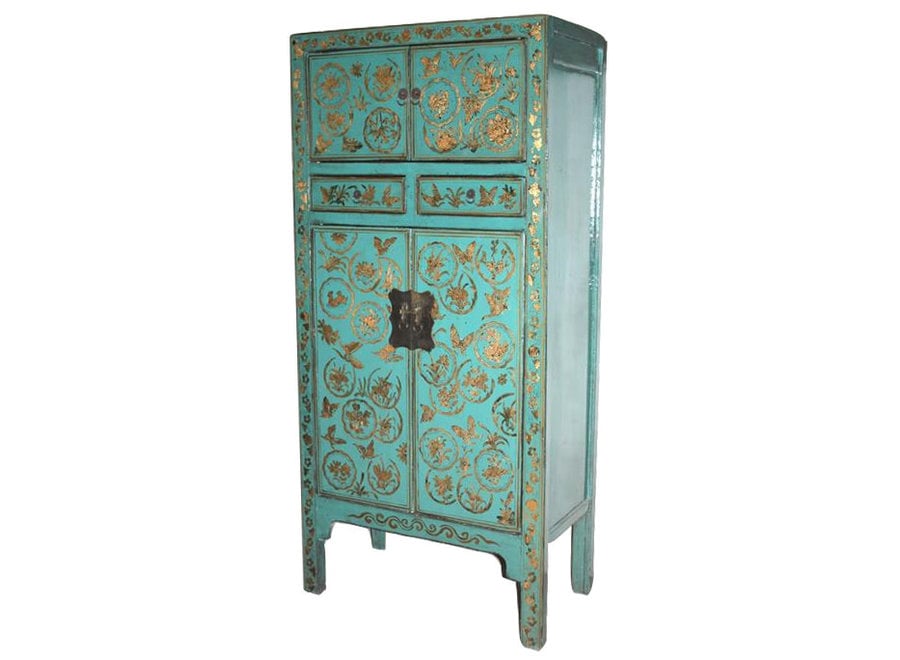 Antique Chinese Cabinet Teal Handpainted High Gloss W90xD47xH186cm