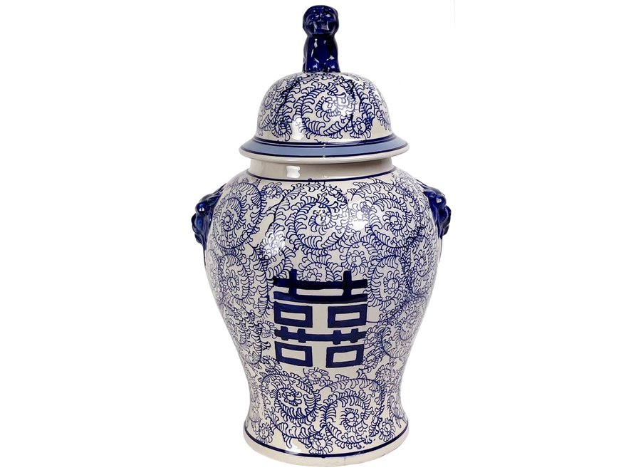 Chinesische Vase mit Deckel Blau Weiß Porzellan Handbemalt Doppeltes Glück D25xH46cm