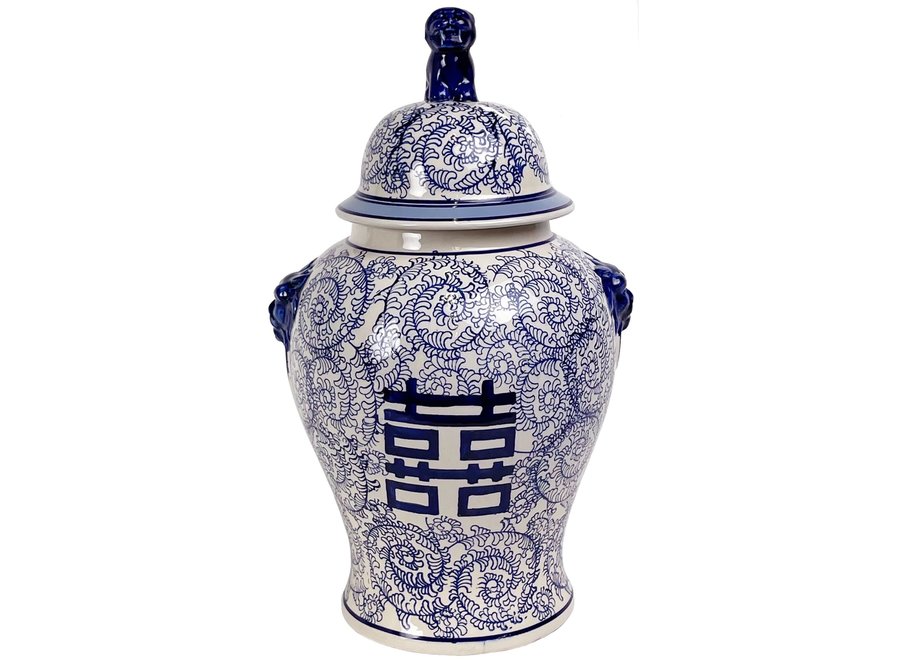 Tarro de Jengibre Chino Porcelana Doble Suerte Azul y Blanco D.25 x Alt.46cm