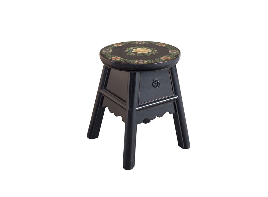 Tabouret Chinois Noir Peint à la Main Tibétaine d'Inspiration P32xH41cm