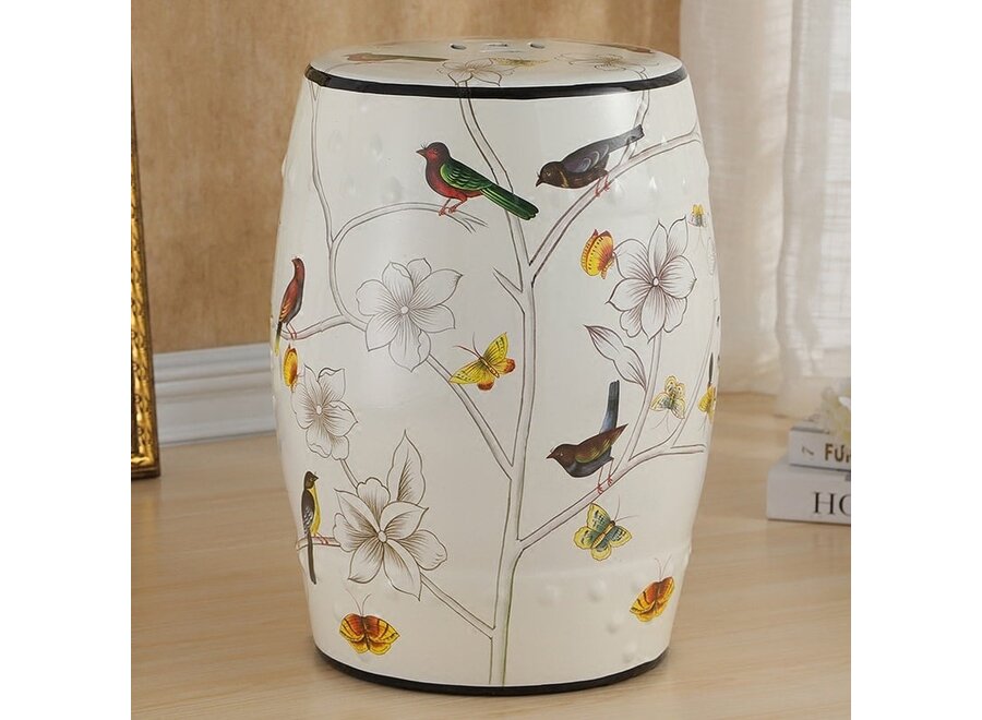 Keramik Hocker Weiß Vögel Handgefertigt - Tayla D30xH45cm