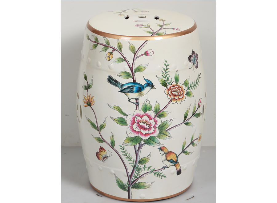 Ceramic Garden Stool White Birds Handmade - Olenna D30xH45cm