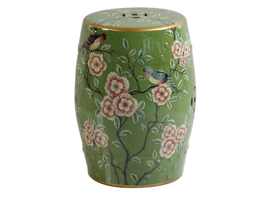 Ceramic Garden Stool Green Birds Handmade - Birch D30xH45cm