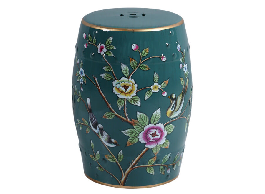 Ceramic Garden Stool Teal Birds Handmade - Ruelle D30xH45cm