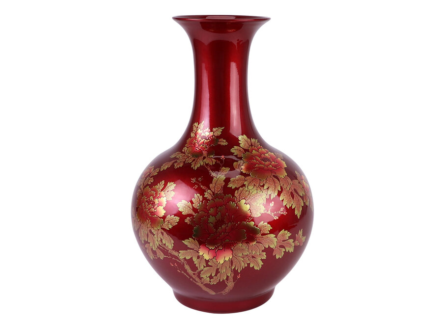 Chinese Vase Porcelain Red Gold Peonies Handmade - Aurore D25xH39cm