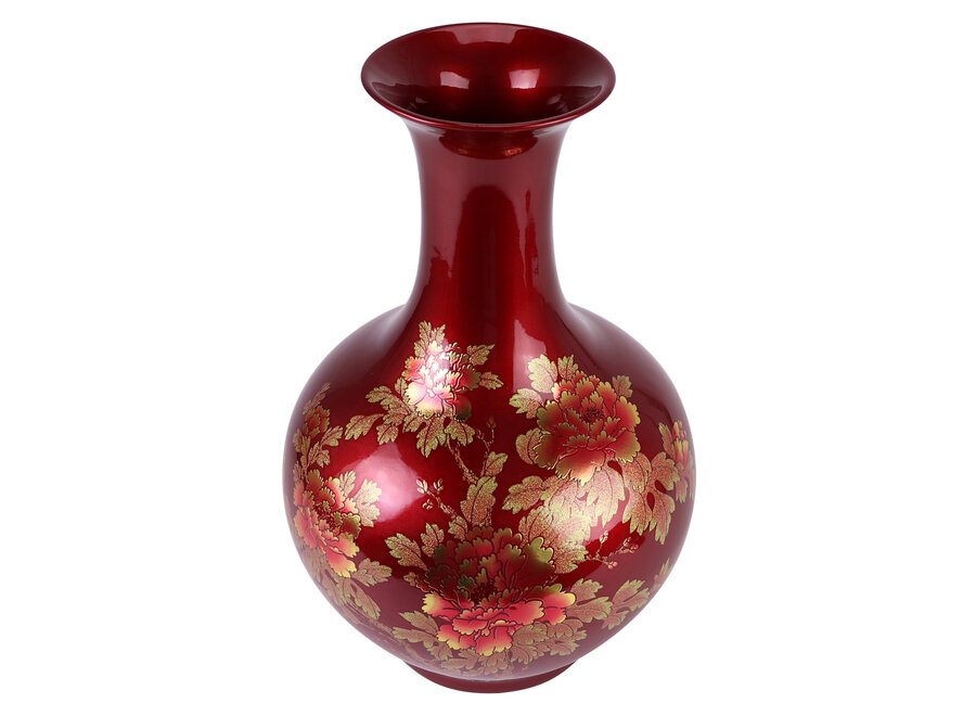 Chinese Vase Porcelain Red Gold Peonies Handmade - Aurore D25xH39cm