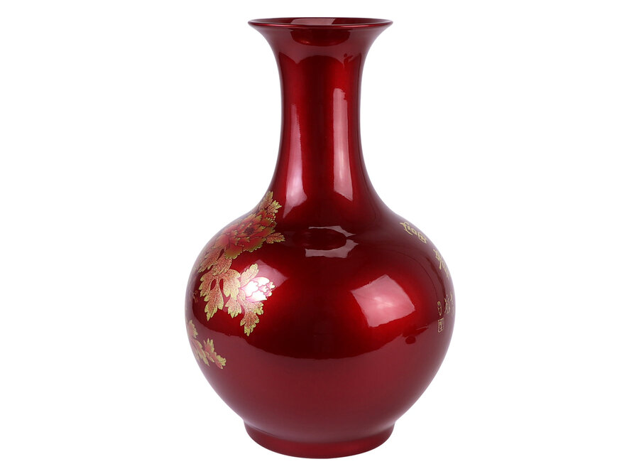 Chinese Vase Porcelain Red Gold Peonies Handmade - Aurore D25xH39cm