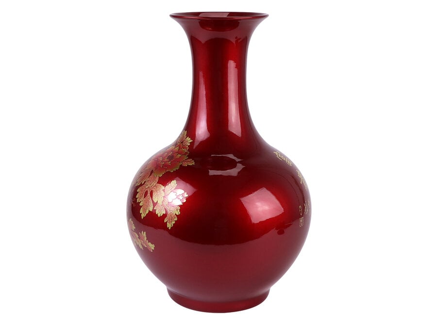 Vase Chinois Rouge Or Pivoines Fait Main - Aurore D25xH39cm