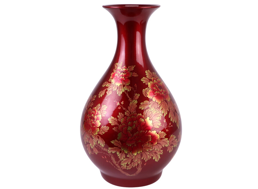 Vase Chinois Rouge Or Pivoines Fait Main - Aurore D22xH37cm