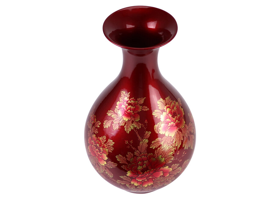 Vaso Cinese Rosso Oro Peonie Fatto a Mano - Aurore D22xH37cm