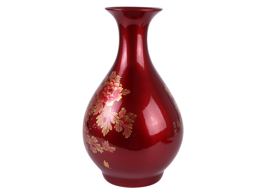 Vase Chinois Rouge Or Pivoines Fait Main - Aurore D22xH37cm