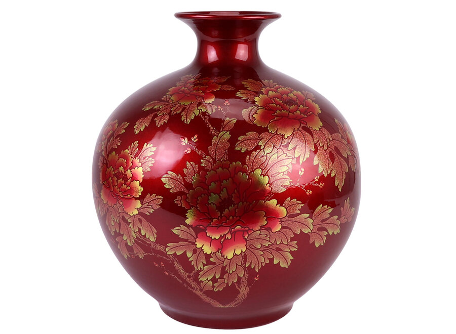 Vase Chinois Rouge Or Pivoines Fait Main - Aurore D25xH30cm