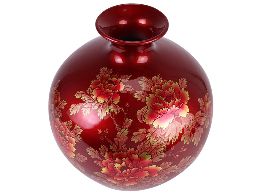 Vase Chinois Rouge Or Pivoines Fait Main - Aurore D25xH30cm