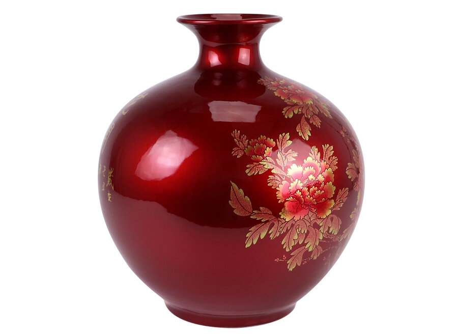 Vase Chinois Rouge Or Pivoines Fait Main - Aurore D25xH30cm