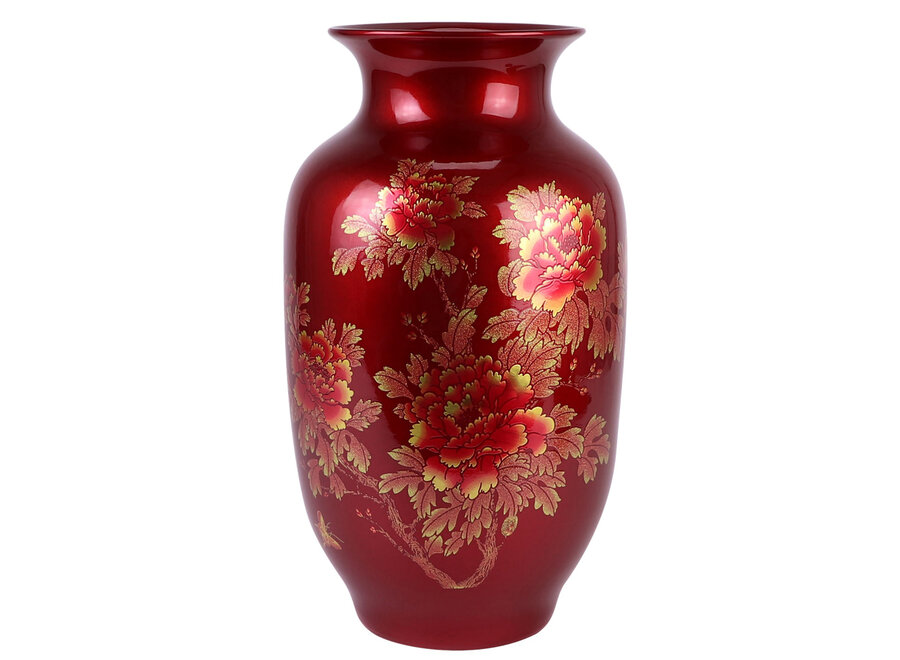 Chinese Vase Red Gold Peonies Handmade - Aurore D20xH35cm