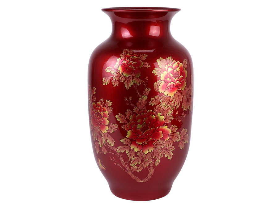 Vase Chinois Rouge Or Pivoines Fait Main - Aurore D20xH35cm