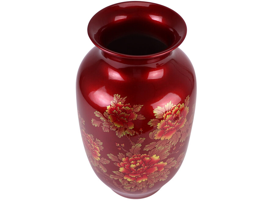 Chinese Vase Red Gold Peonies Handmade - Aurore D20xH35cm