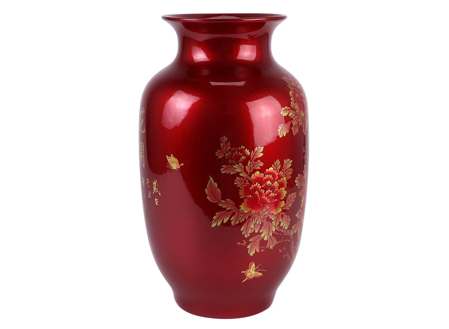 Chinese Vase Red Gold Peonies Handmade - Aurore D20xH35cm