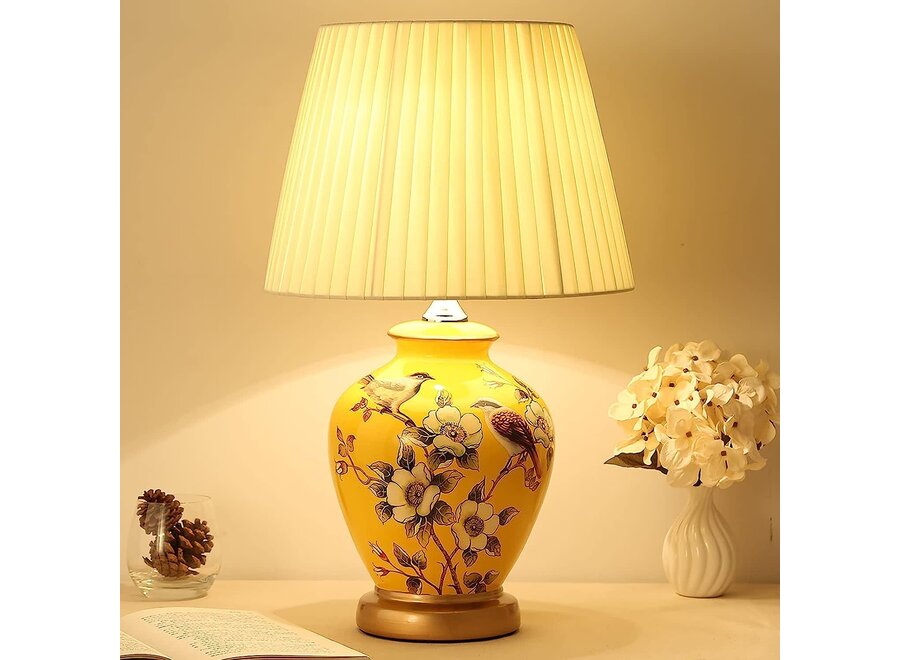 Chinesische Tischlampe Porzellan Gelb Magnolie Handgefertigt - Genna D30xH48cm