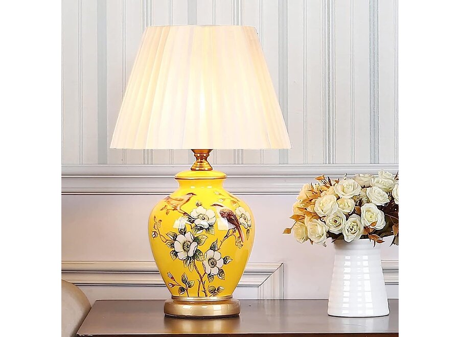 Chinese Table Lamp Porcelain Yellow Magnolia Handmade - Genna D30xH48cm