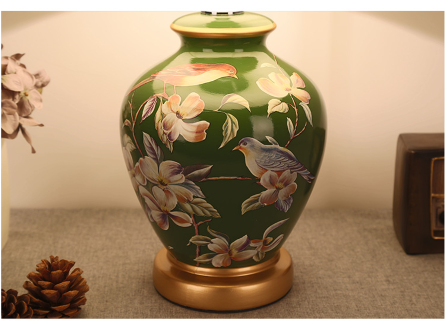 Chinese Table Lamp Porcelain Green Flowers Handmade - Elivea D30xH50cm