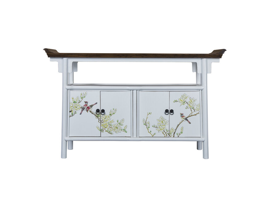 Buffet Chinois Blanc d'Inspiration Tibétaine Peinte à la Main L143xP37xH87cm