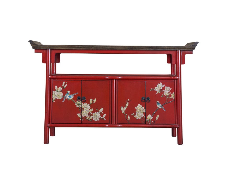 Buffet Chinois Rouge d'Inspiration Tibétaine Peinte à la Main L143xP37xH87cm