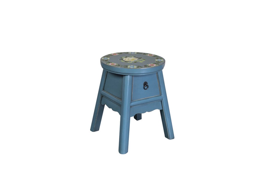 Tabouret Chinois Bleu Peint à la Main d'Inspiration Tibétaine P32xH41cm