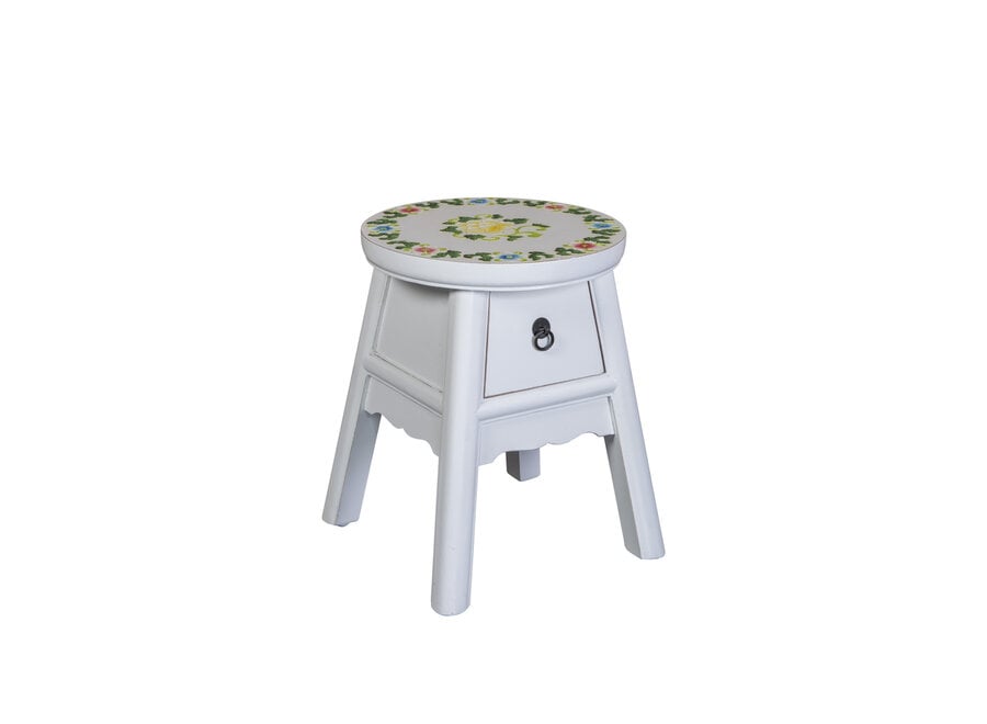 Tabouret Chinois Blanc Peint à la Main d'Inspiration Tibétaine P32xH41cm