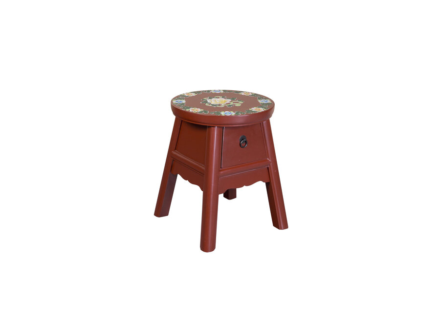 Tabouret Chinois Rouge Peint à la Main d'Inspiration Tibétaine P32xH41cm