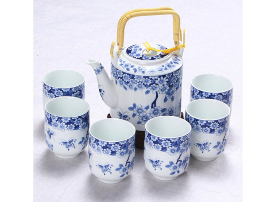 Ensemble Service a Thé Chinois/7 Porcelaine Peinte à la Main Fleurs Papillons Bleu Blanc