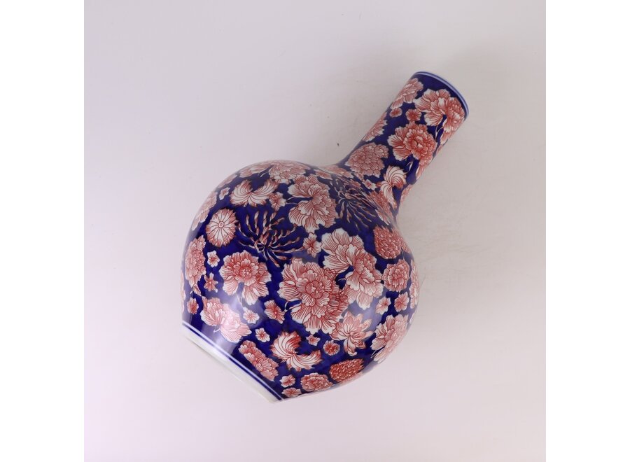 Vase Chinois Porcelaine Bleu Rouge Pivoines Peint à la Main D23xH35cm