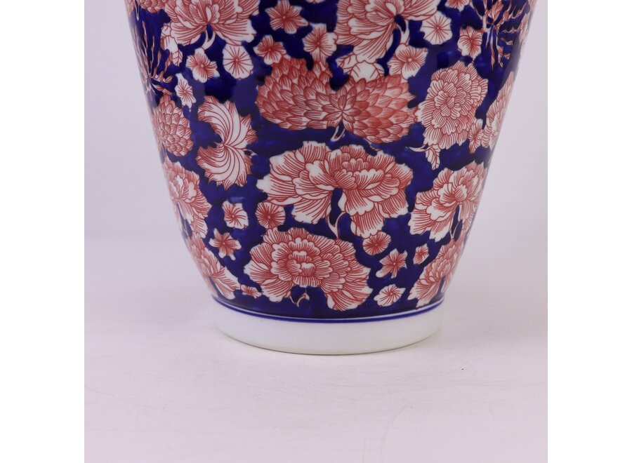 Chinese Ginger Jar Porcelain Blue Red Peonies Hand-Painted D24xH46cm