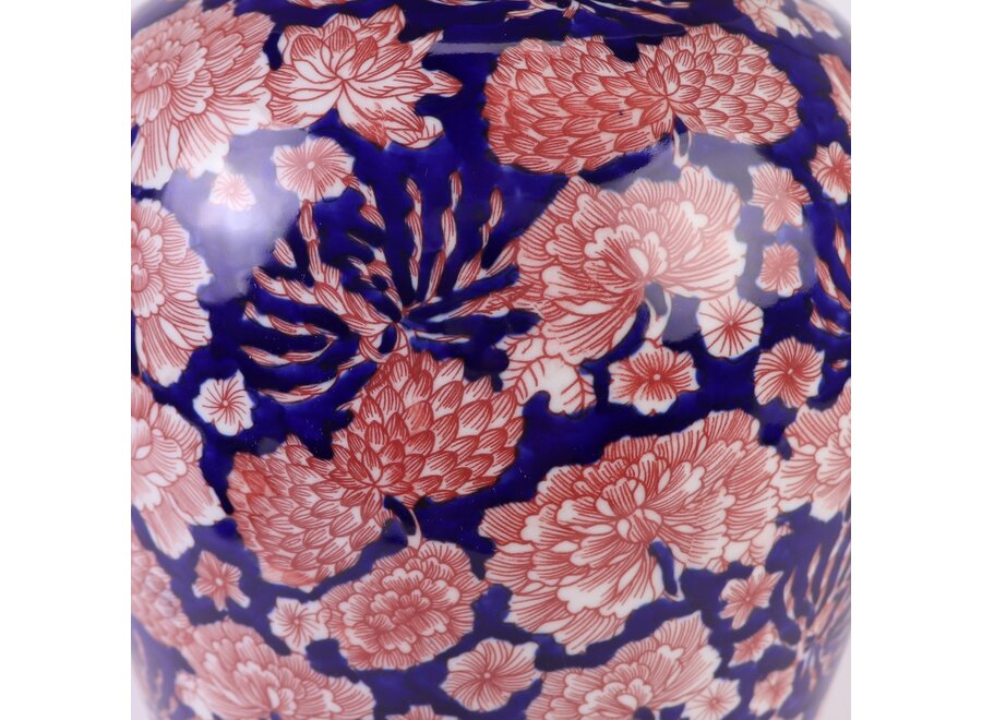 Chinese Ginger Jar Porcelain Blue Red Peonies Hand-Painted D24xH46cm