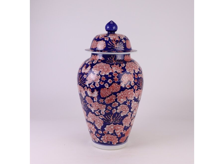 Pot à Gingembre Chinois Porcelaine Bleu Rouge Pivoines Peint à la Main D24xH46cm