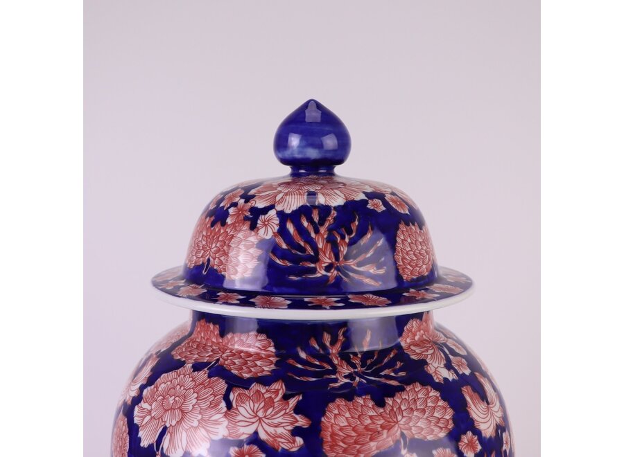 Pot à Gingembre Chinois Porcelaine Bleu Rouge Pivoines Peint à la Main D24xH46cm