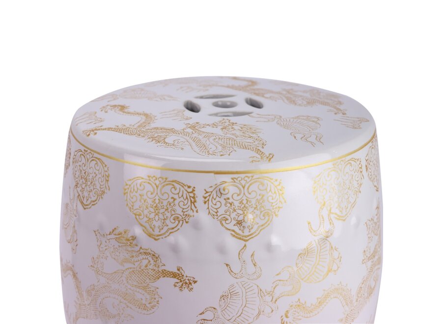 Tabouret Céramique Blanc Dragon Fait Main D33xH44cm